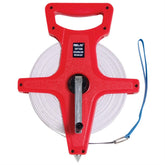 A red and white tape measure with a convenient handle, designed for accurate length measurements.